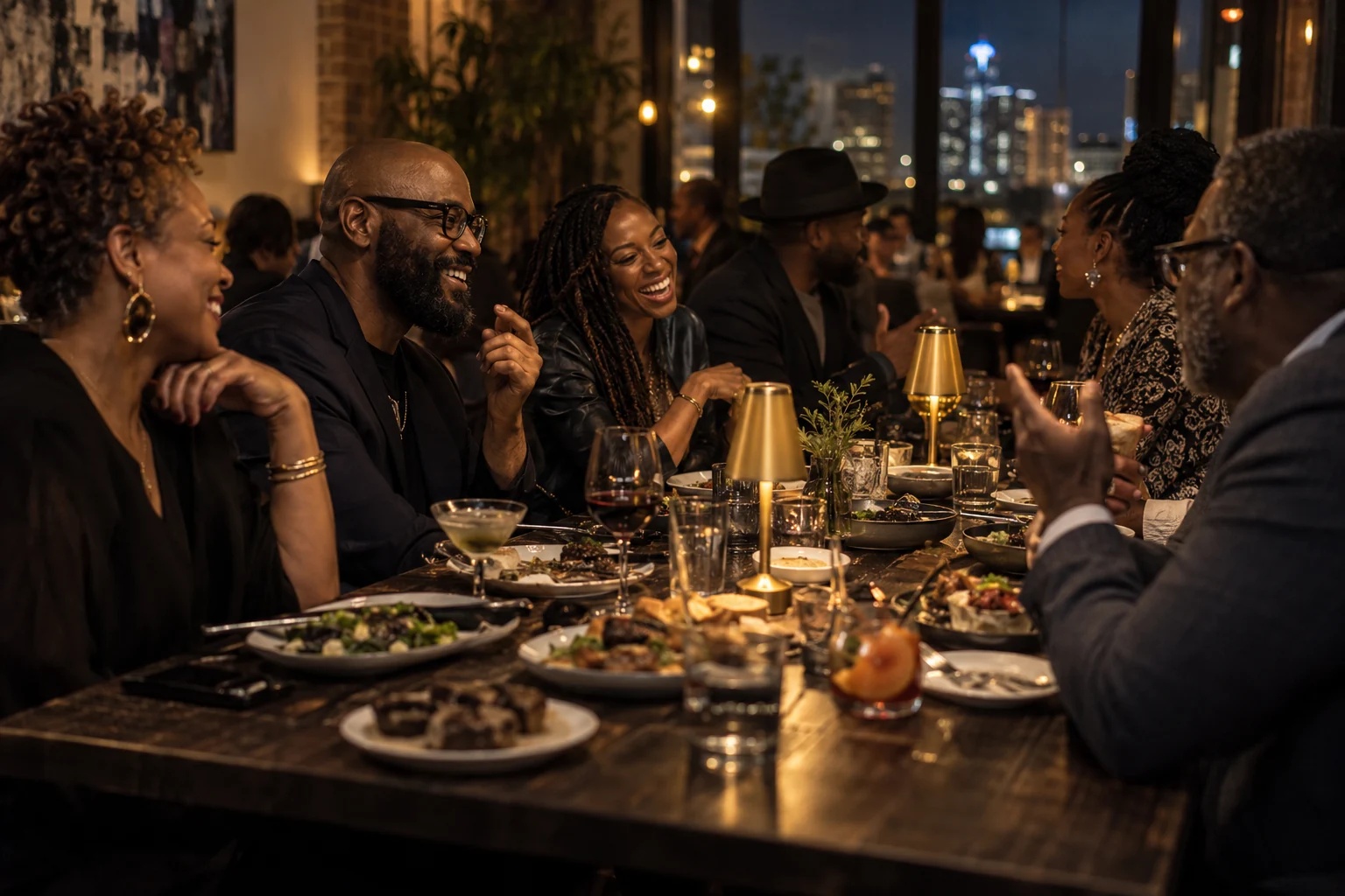 An intimate dinner setting with founders in lively conversation